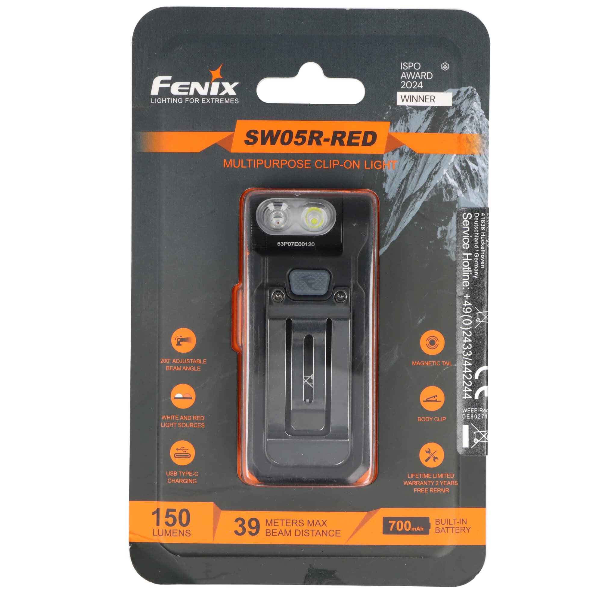 Lampe de poche LED Fenix SW05R-RED, avec lumière rouge, clip et aimant, tête de lampe réglable à 200°, rechargeable