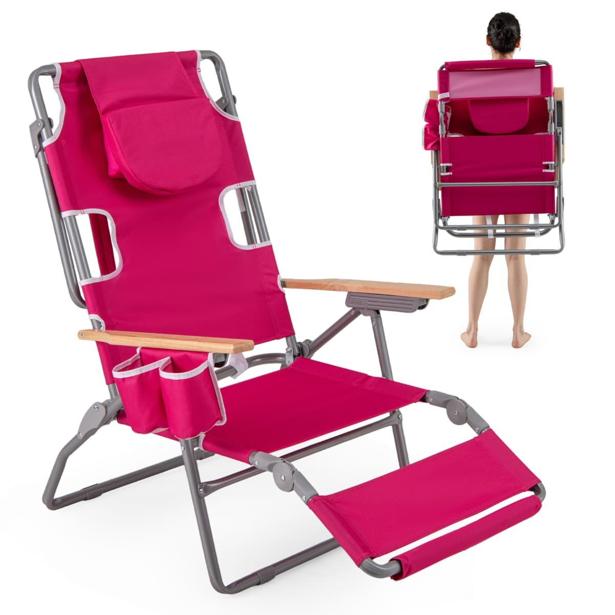 CostwayChaise de Plage Pliante 3 en 1 avec Trou pour le Visage Repose-pieds Dossier Réglable Oreiller Fauteuil Inclinable Portable Rouge