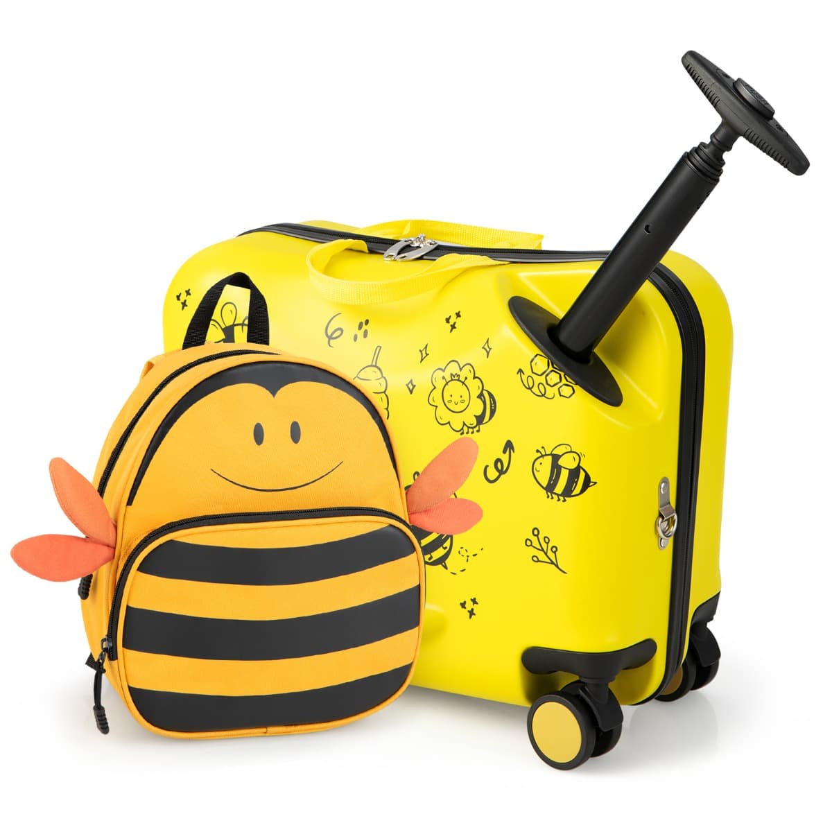 Costway18”Valise à Roulettes Enfants avec 12”Sac à Dos Bagages à Main pour Voyage avec Poignée Rétractable Modèle d'Abeille pour Enfants de 3 Ans+