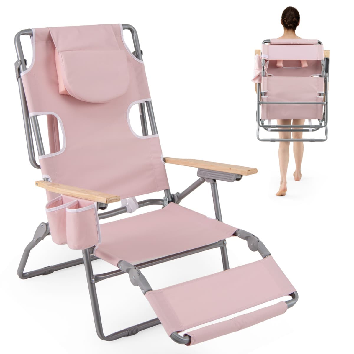 CostwayChaise de Plage Pliante 3 en 1 avec Trou pour le Visage Repose-pieds Dossier Réglable Oreiller Fauteuil Inclinable Portable Rose