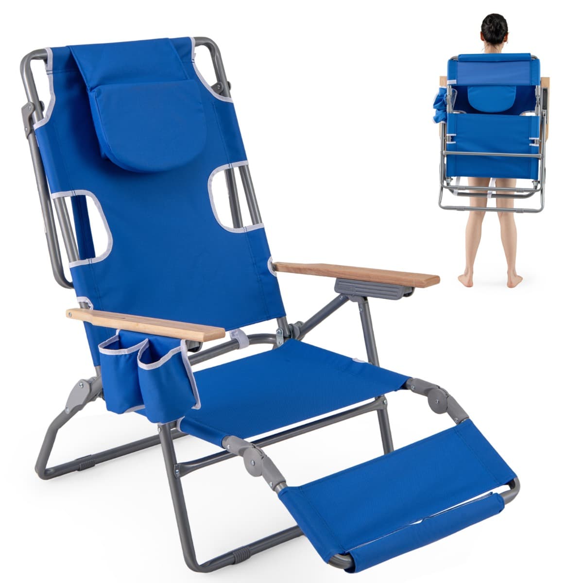 CostwayChaise de Plage Pliante 3 en 1 avec Trou pour le Visage Repose-pieds Dossier Réglable Oreiller Fauteuil Inclinable Portable Bleu