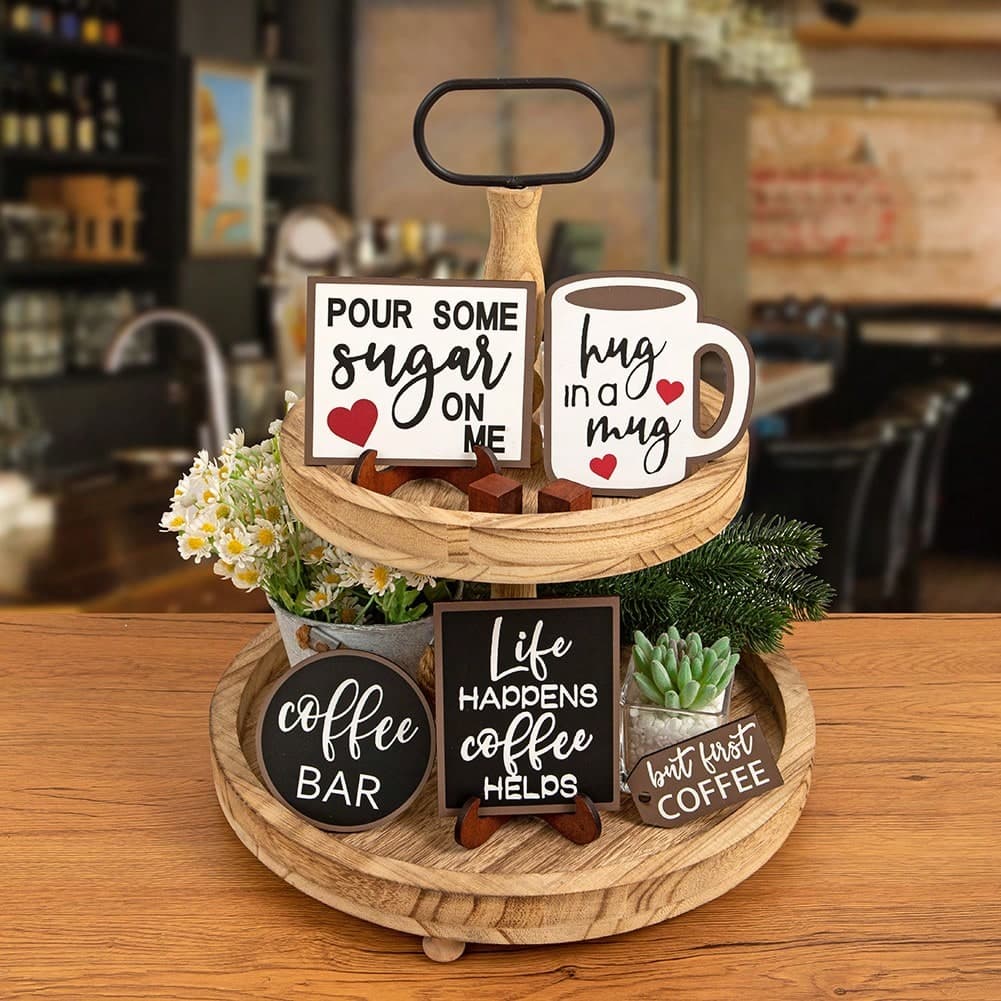 Ensemble de décor de plateau de couche de style de vie de logo de café, bar ornements en bois créatifs pour salon, bar accueillant 1 set